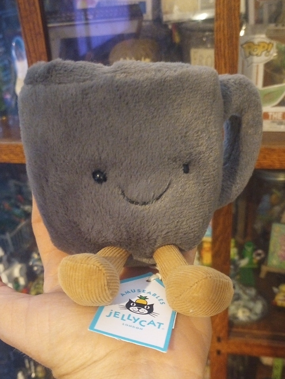 Jellycat Grey Plush Mug with Tan Corduroy Legs, NWT
